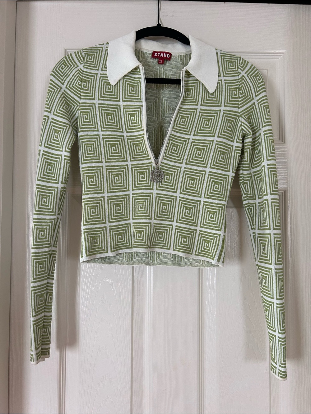 STAUD White & Light Green Geometric Zip Polo Top